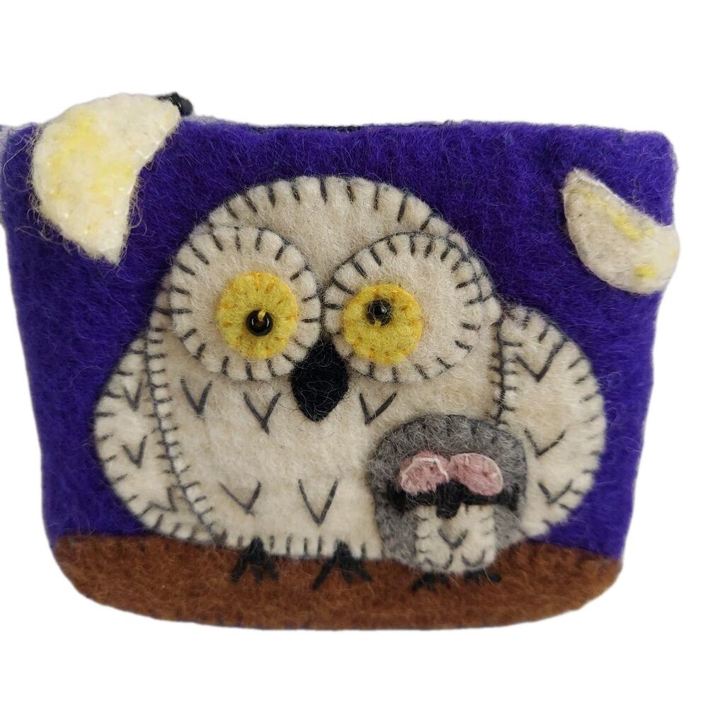 Wild Woolies Felt Coin Purse Owls Baby Owl Purple Brown Fair Trade 4in x 5in Zip